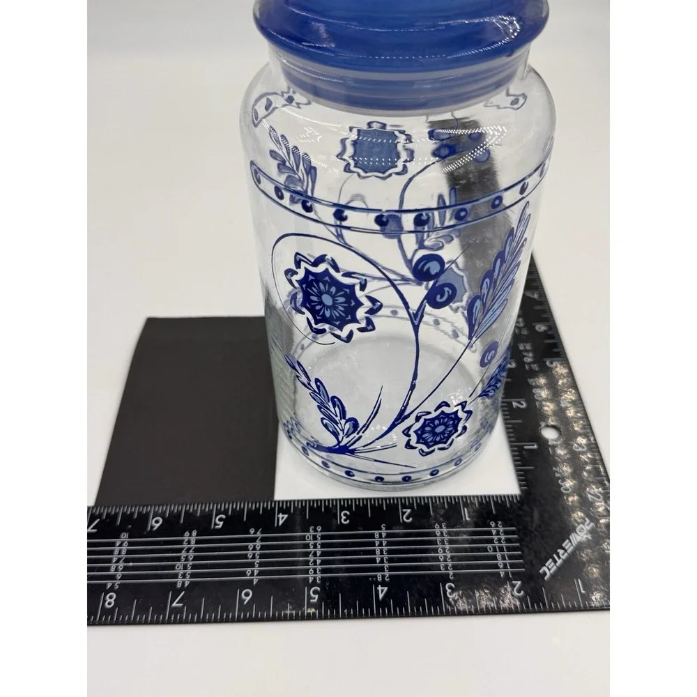 Anchor Hocking Glass Pietro Gobeo Set Of 3 Blue Kitchen Canister Flower 1970s